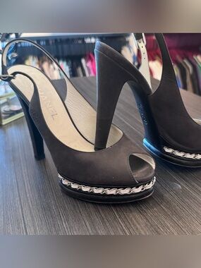 CHANEL Black Suede Peep-Toe Slingback Heels with Silver Chain Trim